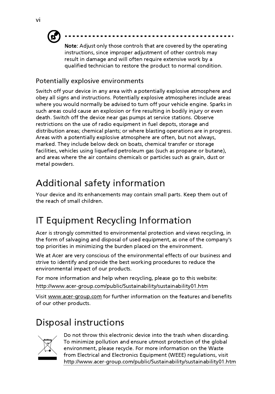 Acer S243HL manual Additional safety information, IT Equipment Recycling Information, Disposal instructions 
