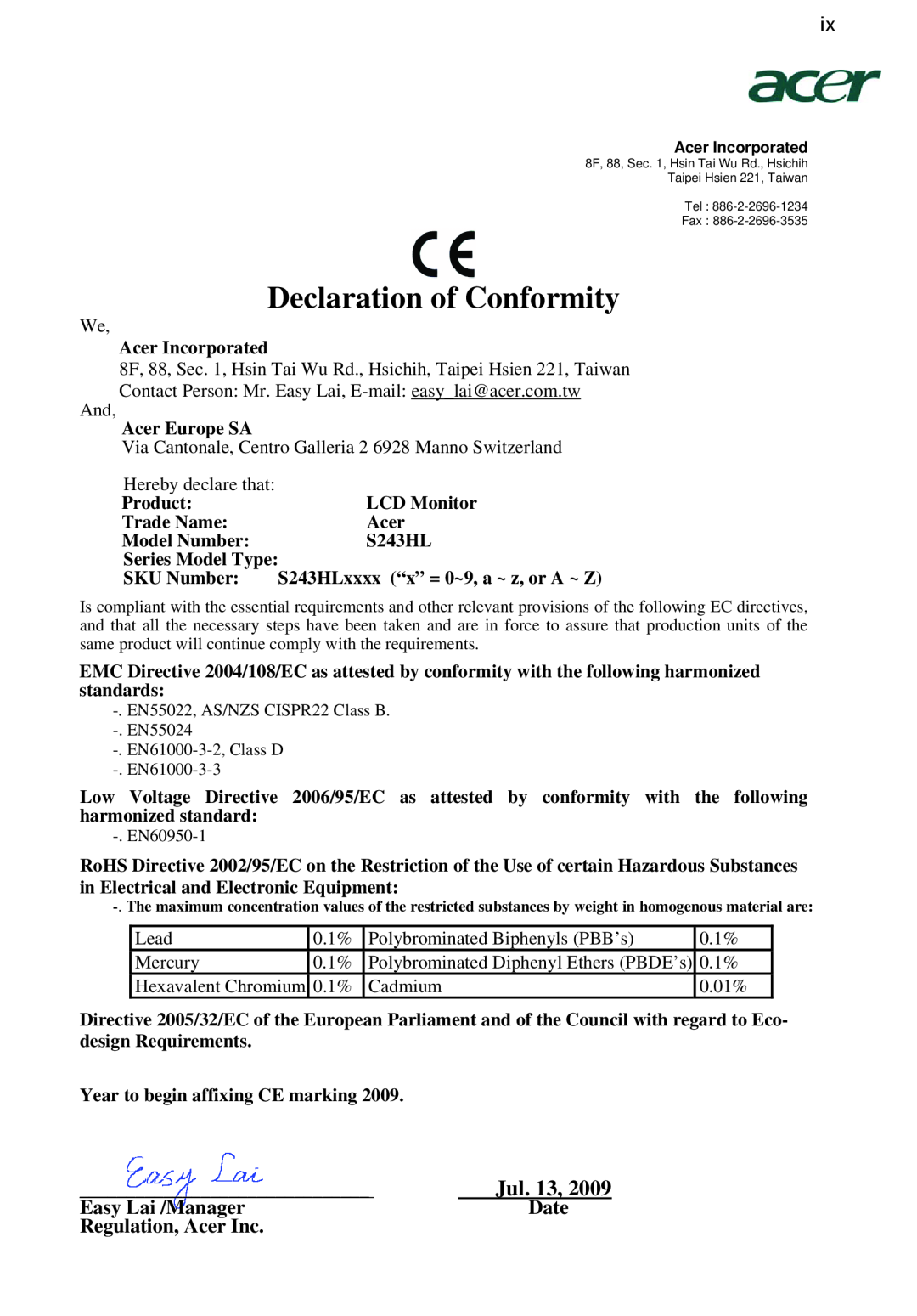 Acer S243HL manual Declaration of Conformity, Jul. 13, Easy Lai /Manager, Date, Regulation, Acer Inc 