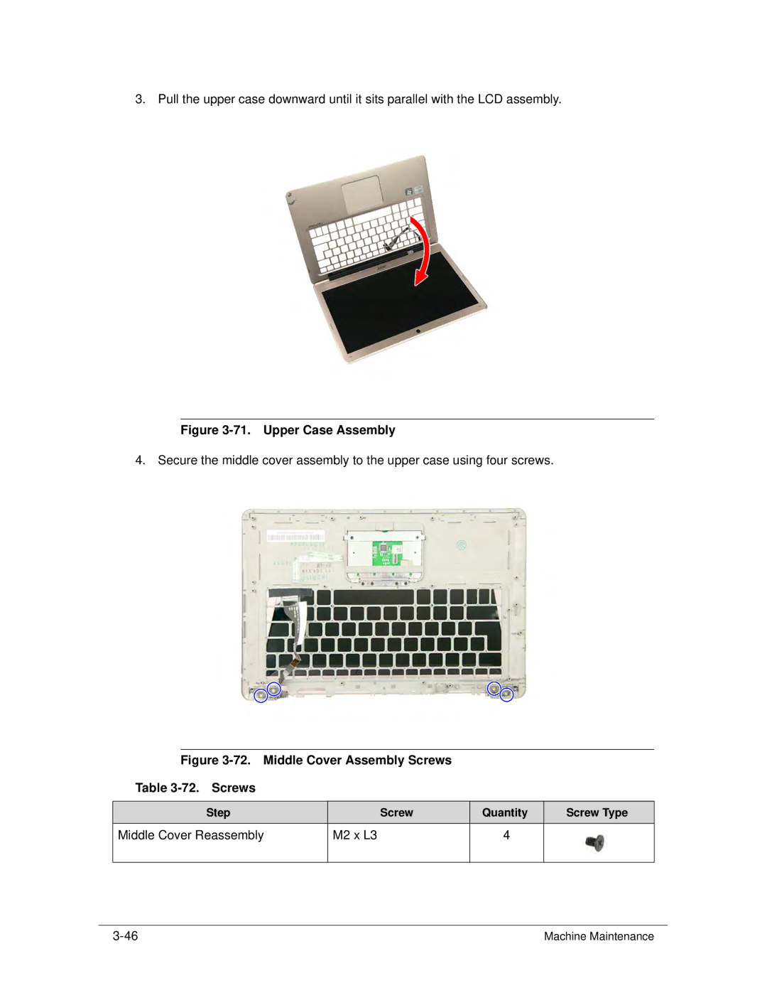 Acer S3 MS2346 manual Upper Case Assembly, Middle Cover Assembly Screws 72. Screws 