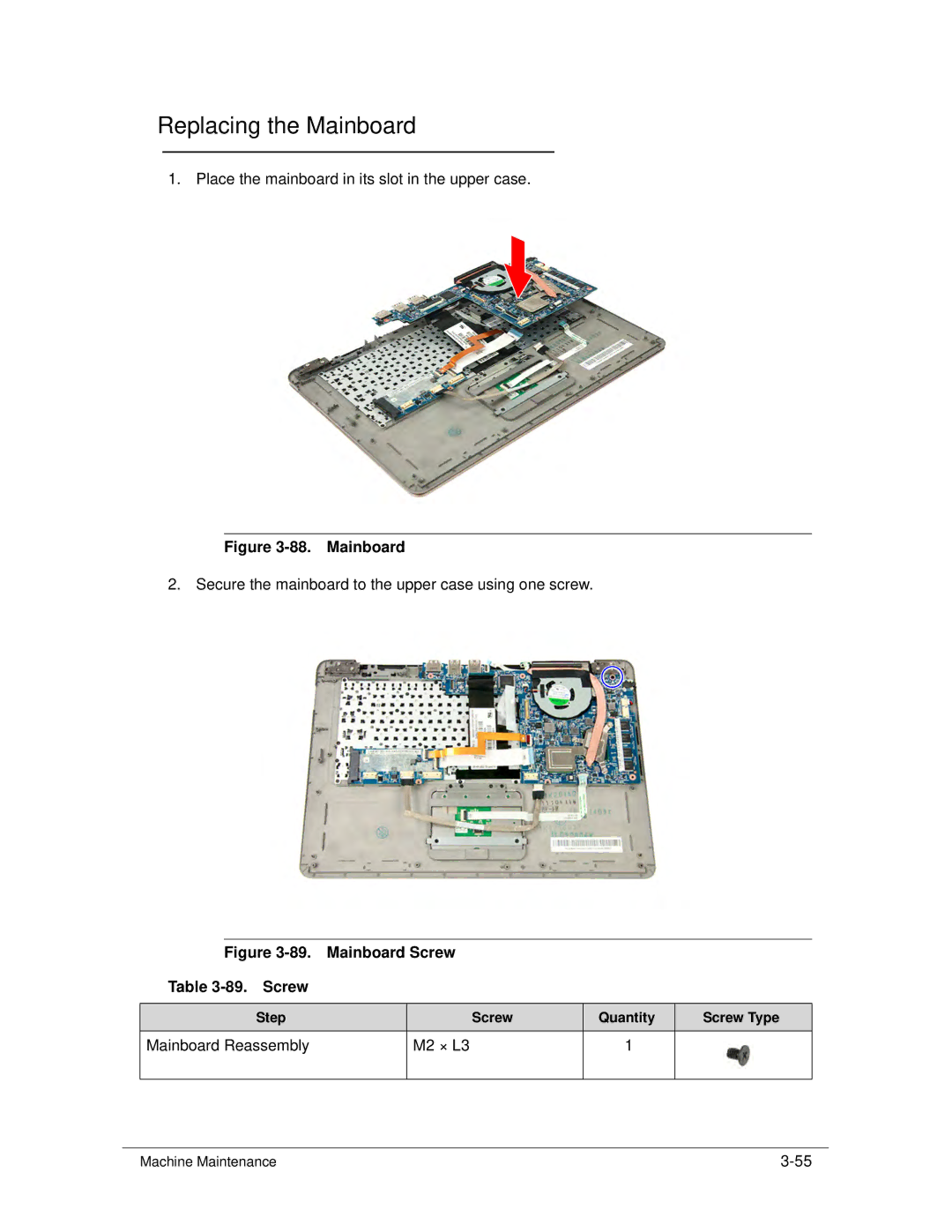 Acer S3 MS2346 manual Replacing the Mainboard, Mainboard Reassembly M2 × L3 