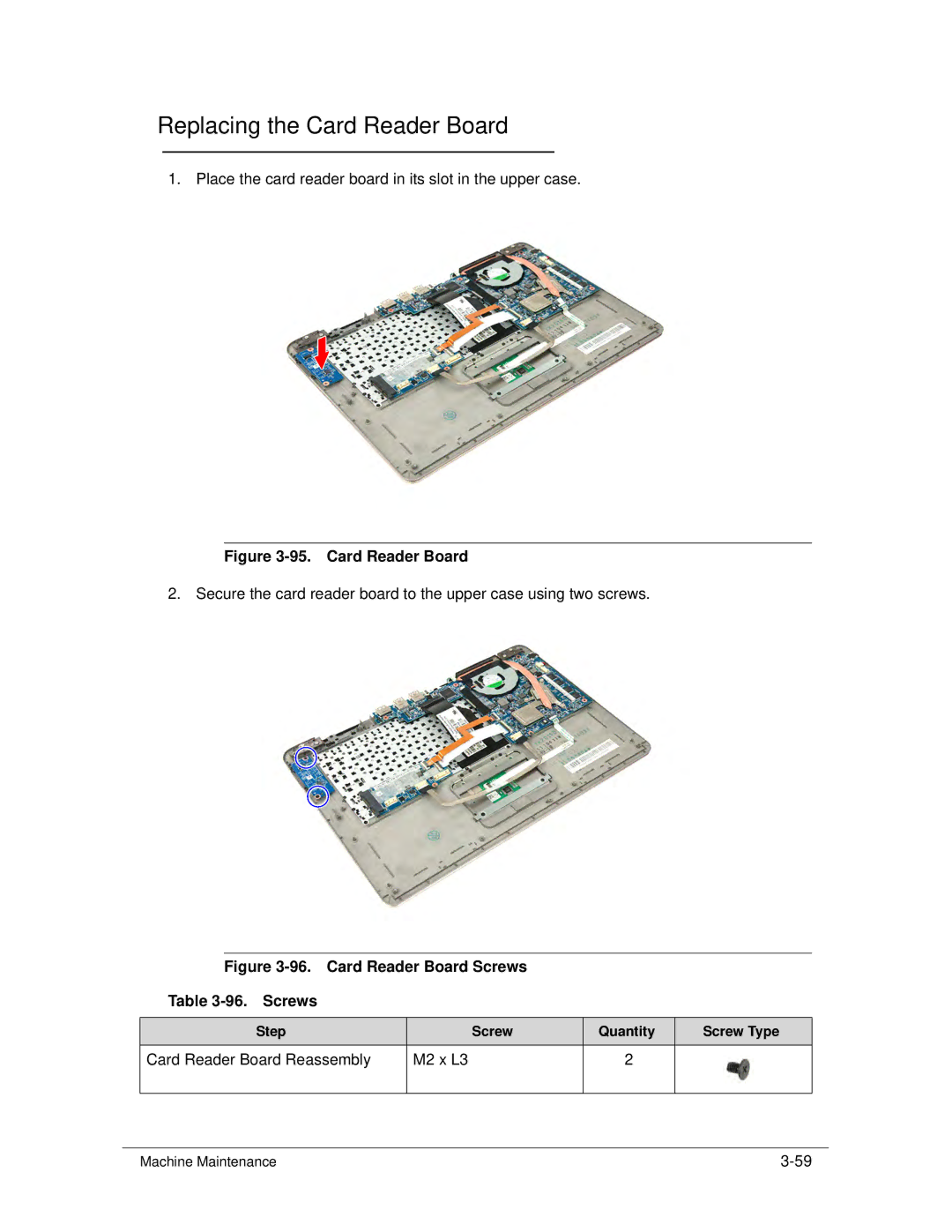 Acer S3 MS2346 manual Replacing the Card Reader Board, Card Reader Board Reassembly M2 x L3 