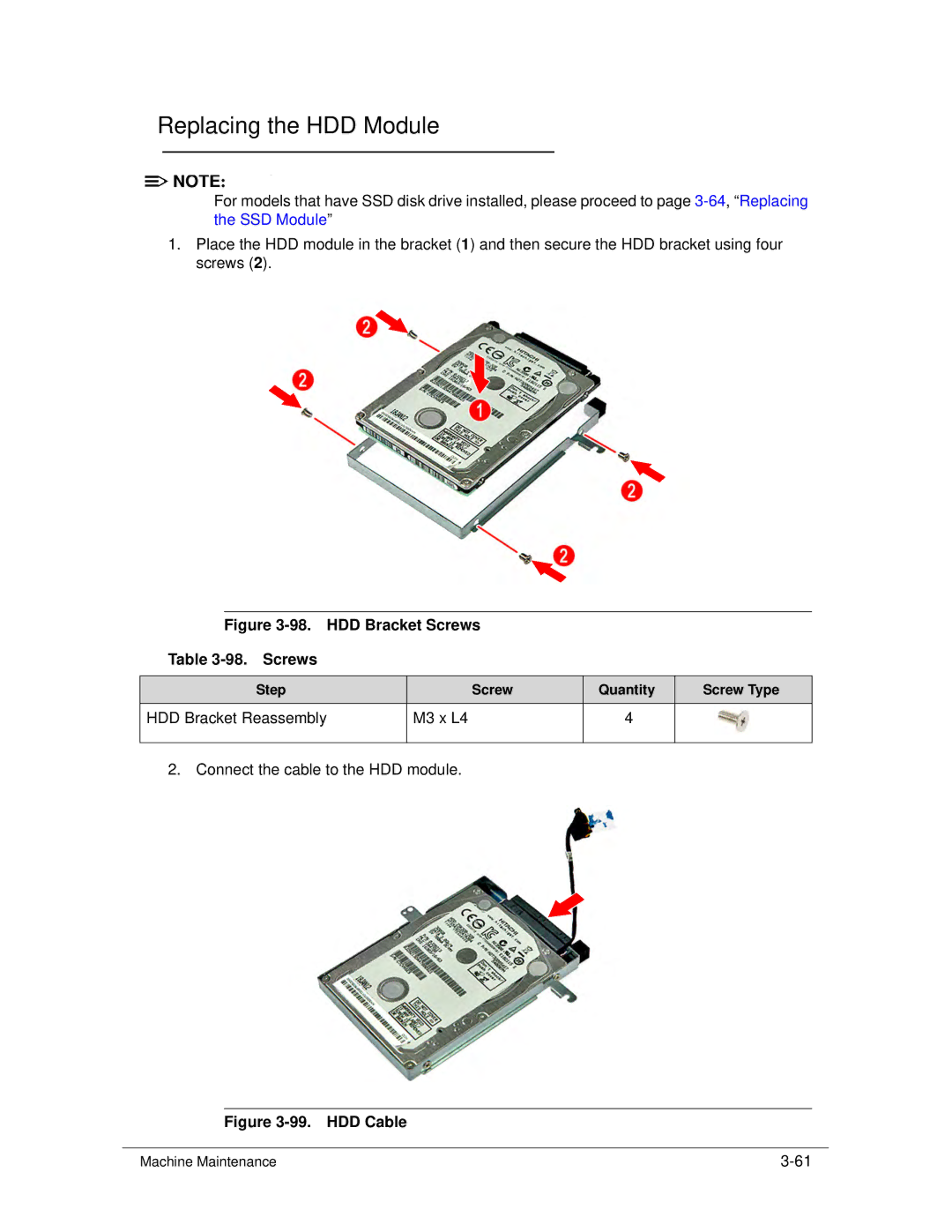 Acer S3 MS2346 manual Replacing the HDD Module, HDD Bracket Reassembly M3 x L4 