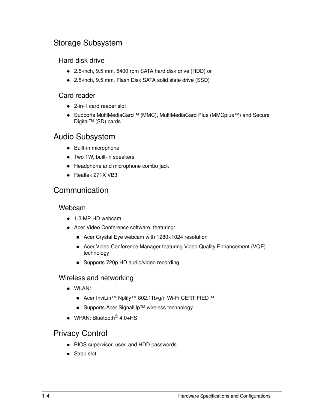 Acer S3 MS2346 manual Storage Subsystem, Audio Subsystem, Communication, Privacy Control 