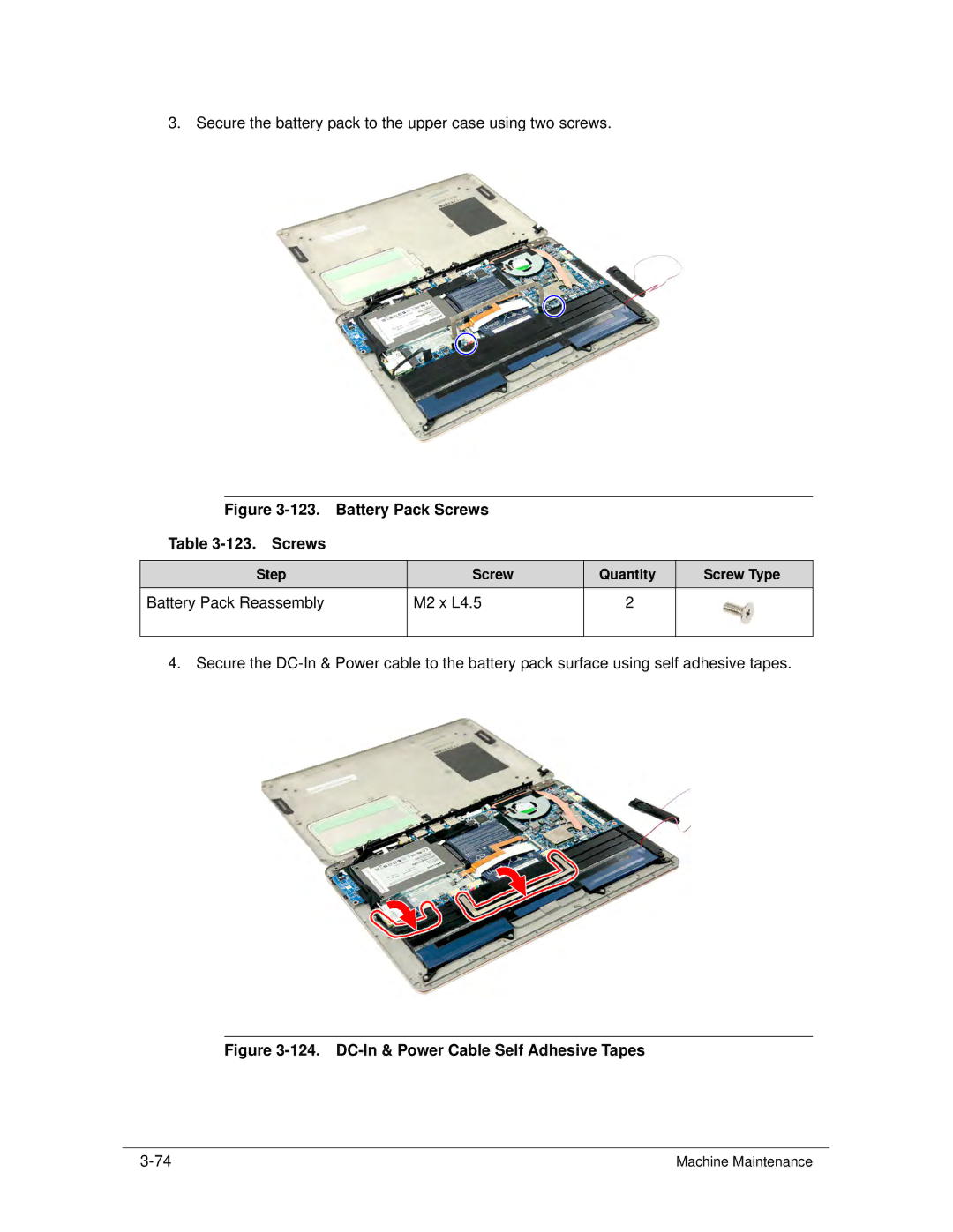 Acer S3 MS2346 manual Battery Pack Screws 123. Screws, Battery Pack Reassembly M2 x L4.5 