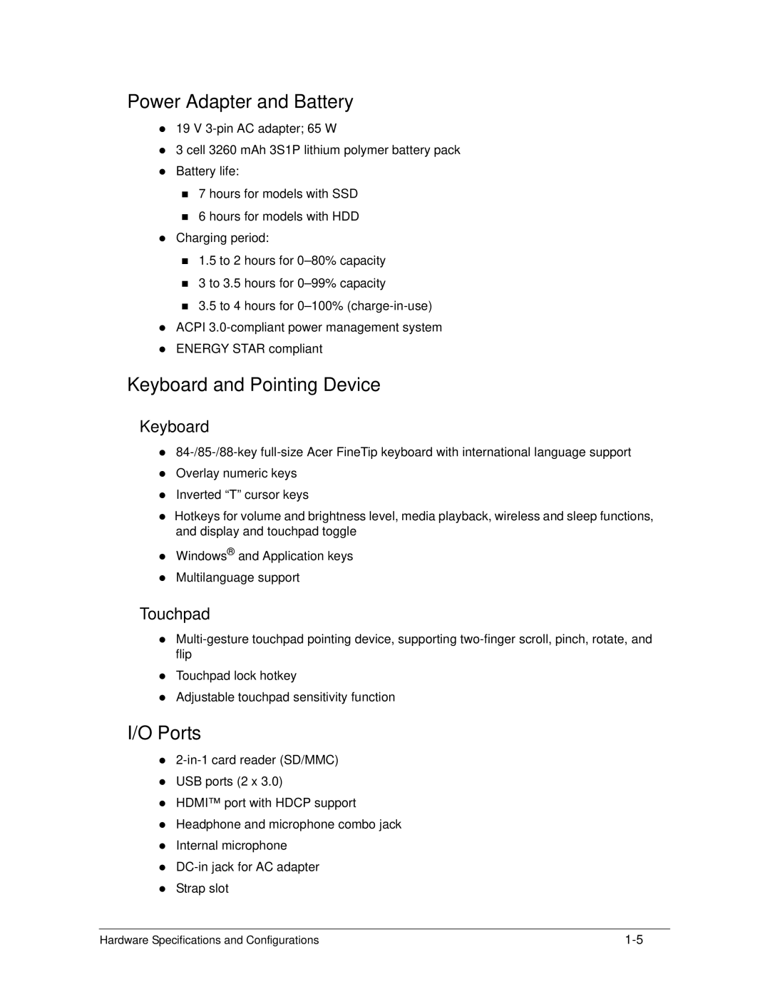 Acer S3 MS2346 manual Power Adapter and Battery, Keyboard and Pointing Device, Ports, Touchpad 