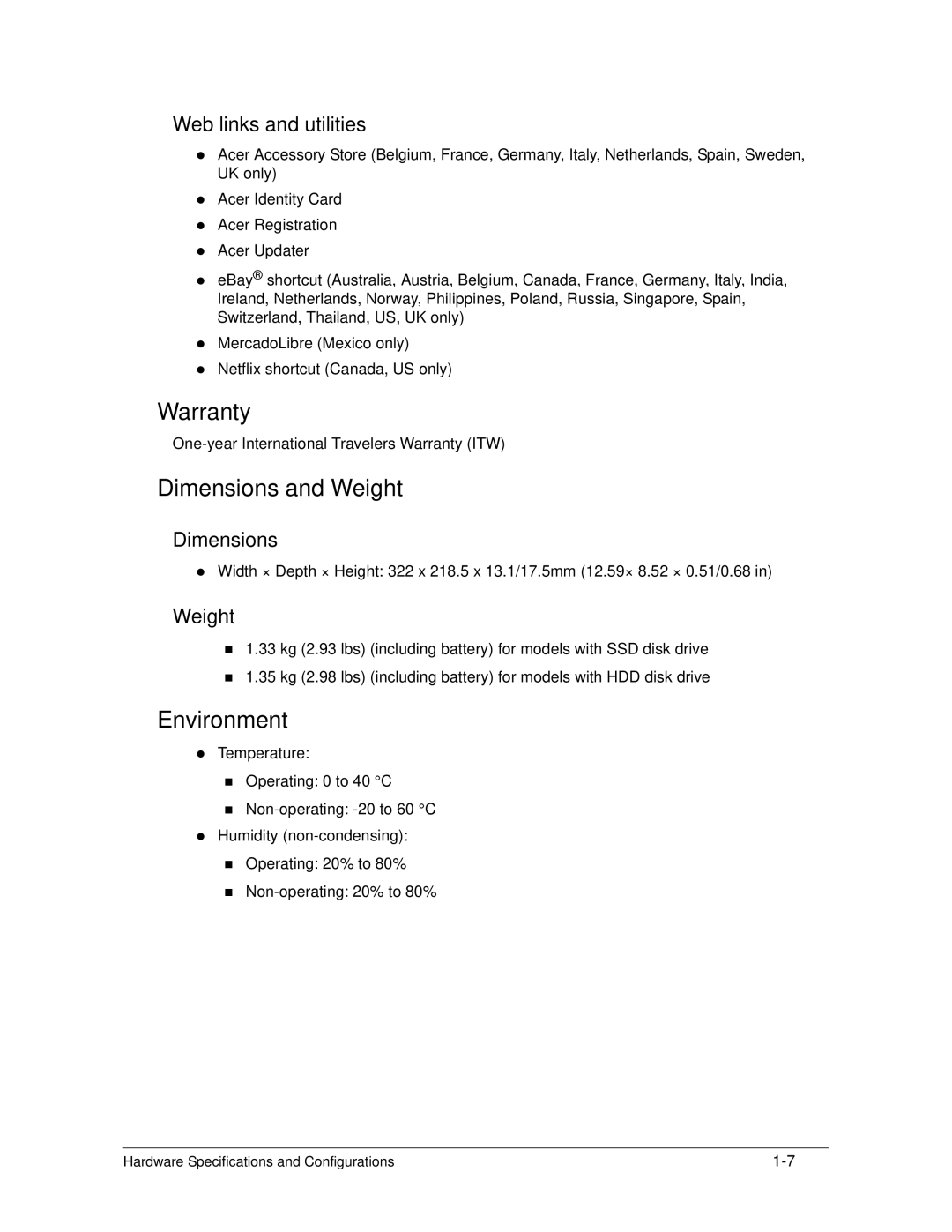 Acer S3 MS2346 manual Warranty, Dimensions and Weight, Environment 