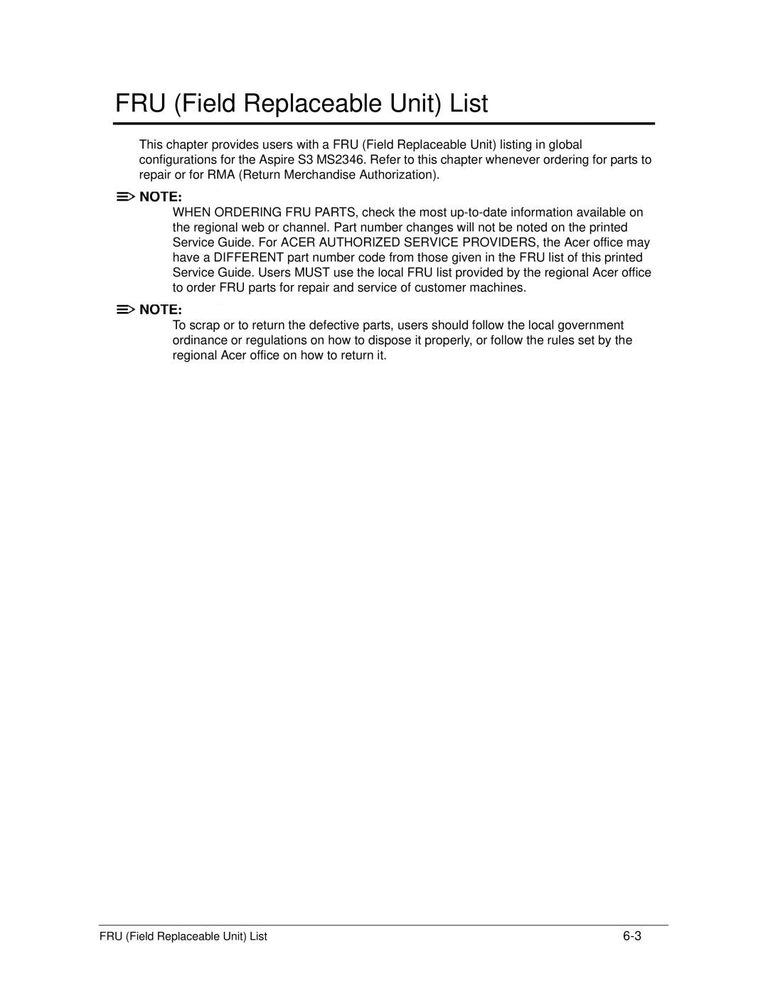 Acer S3 MS2346 manual FRU Field Replaceable Unit List 