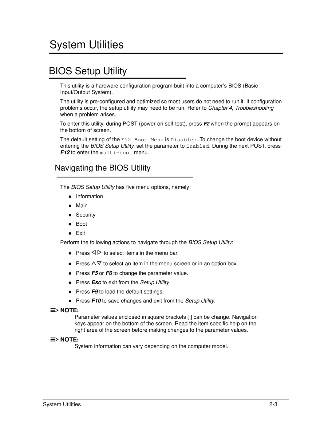 Acer S3 MS2346 manual Bios Setup Utility, Navigating the Bios Utility 