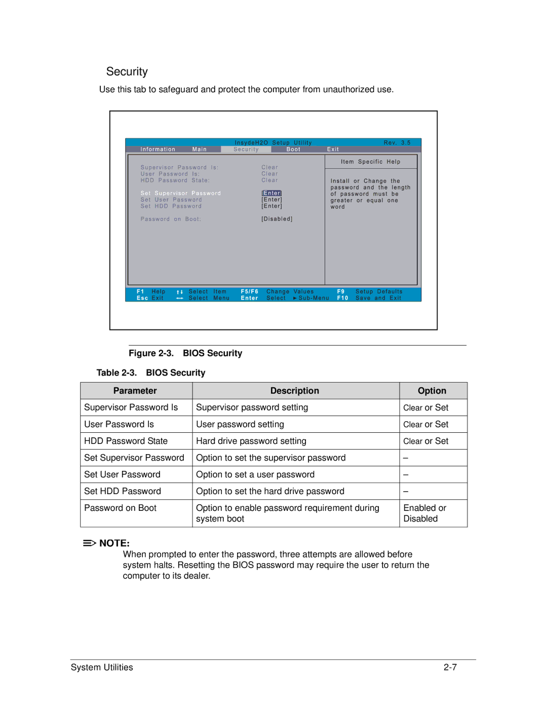 Acer S3 MS2346 manual Bios Security Parameter Description Option 