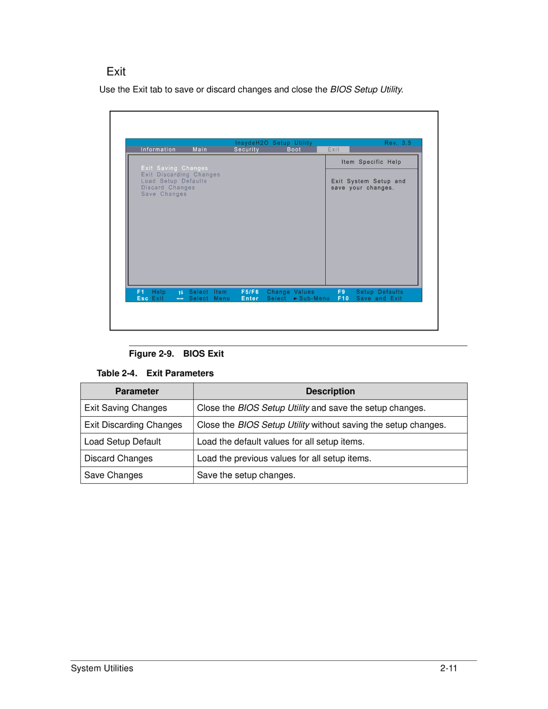 Acer S3 MS2346 manual Bios Exit Exit Parameters Description 