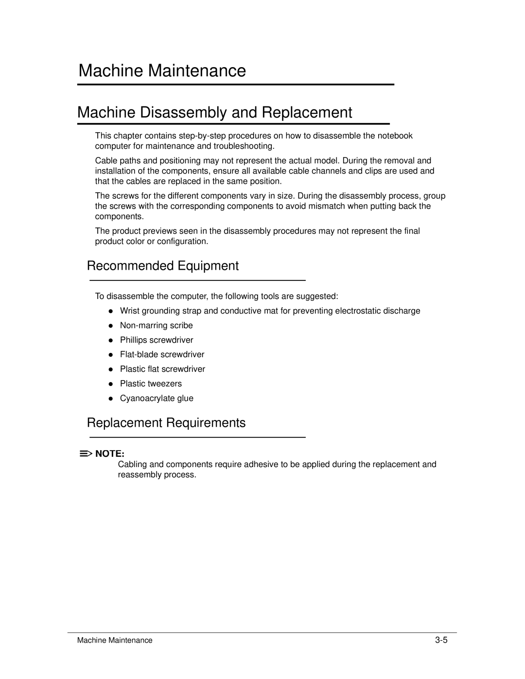 Acer S3 MS2346 manual Machine Disassembly and Replacement, Recommended Equipment, Replacement Requirements 