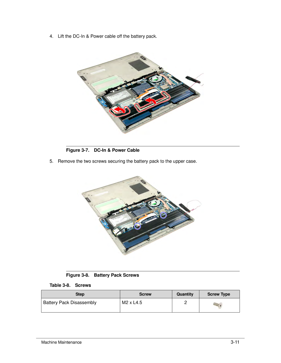 Acer S3 MS2346 manual DC-In & Power Cable, Battery Pack Disassembly M2 x L4.5 