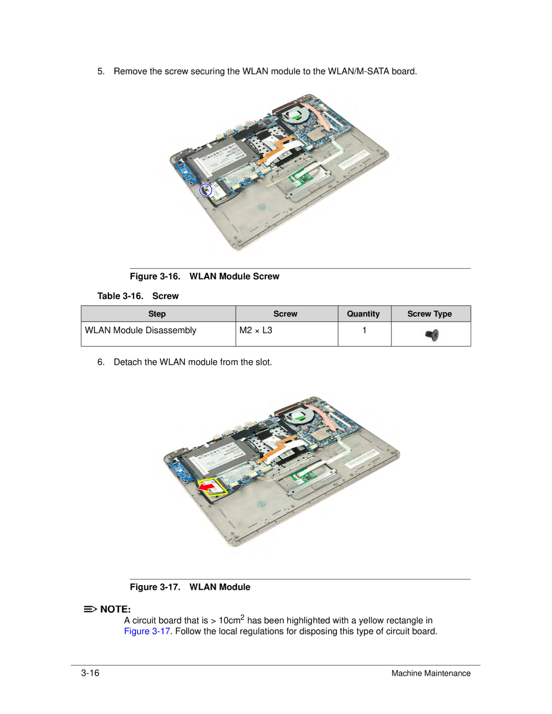 Acer S3 MS2346 manual Wlan Module Screw 16. Screw, Wlan Module Disassembly M2 × L3 