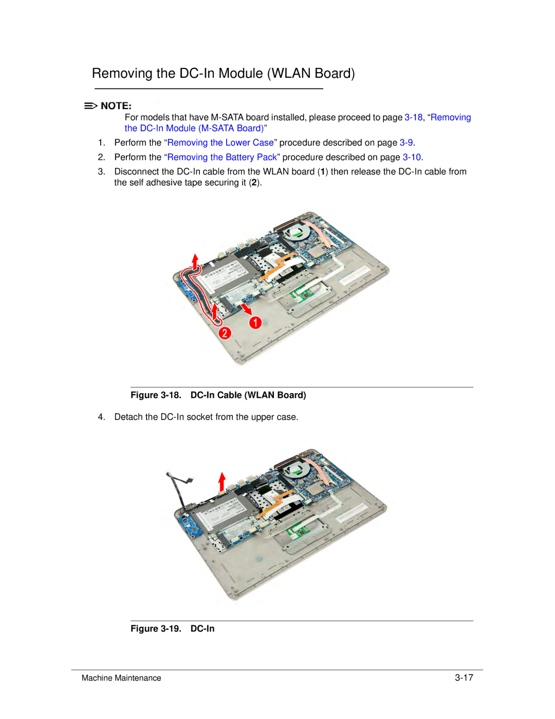 Acer S3 MS2346 manual Removing the DC-In Module Wlan Board, DC-In Cable Wlan Board 