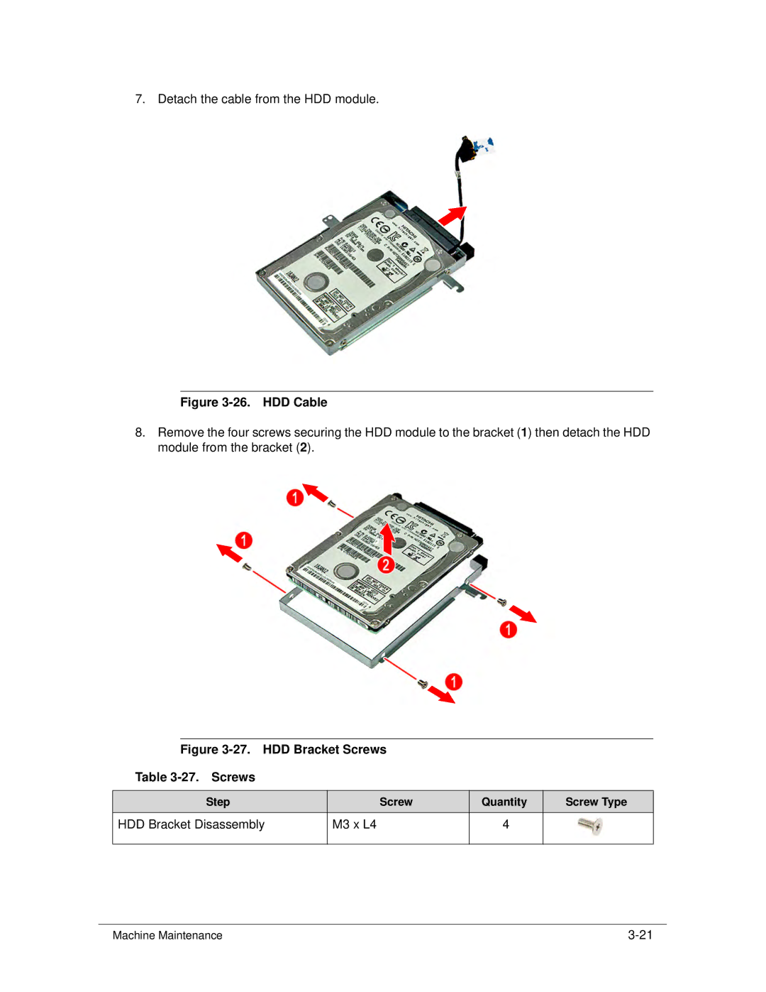 Acer S3 MS2346 manual HDD Cable, HDD Bracket Screws 27. Screws 