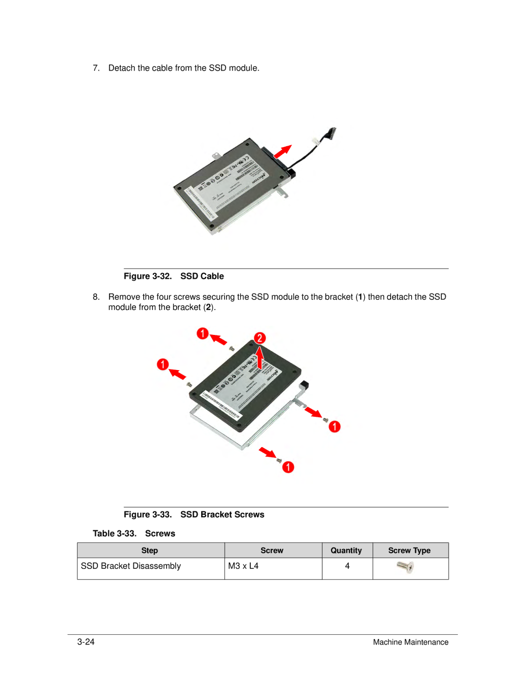 Acer S3 MS2346 manual SSD Cable, SSD Bracket Screws 33. Screws 