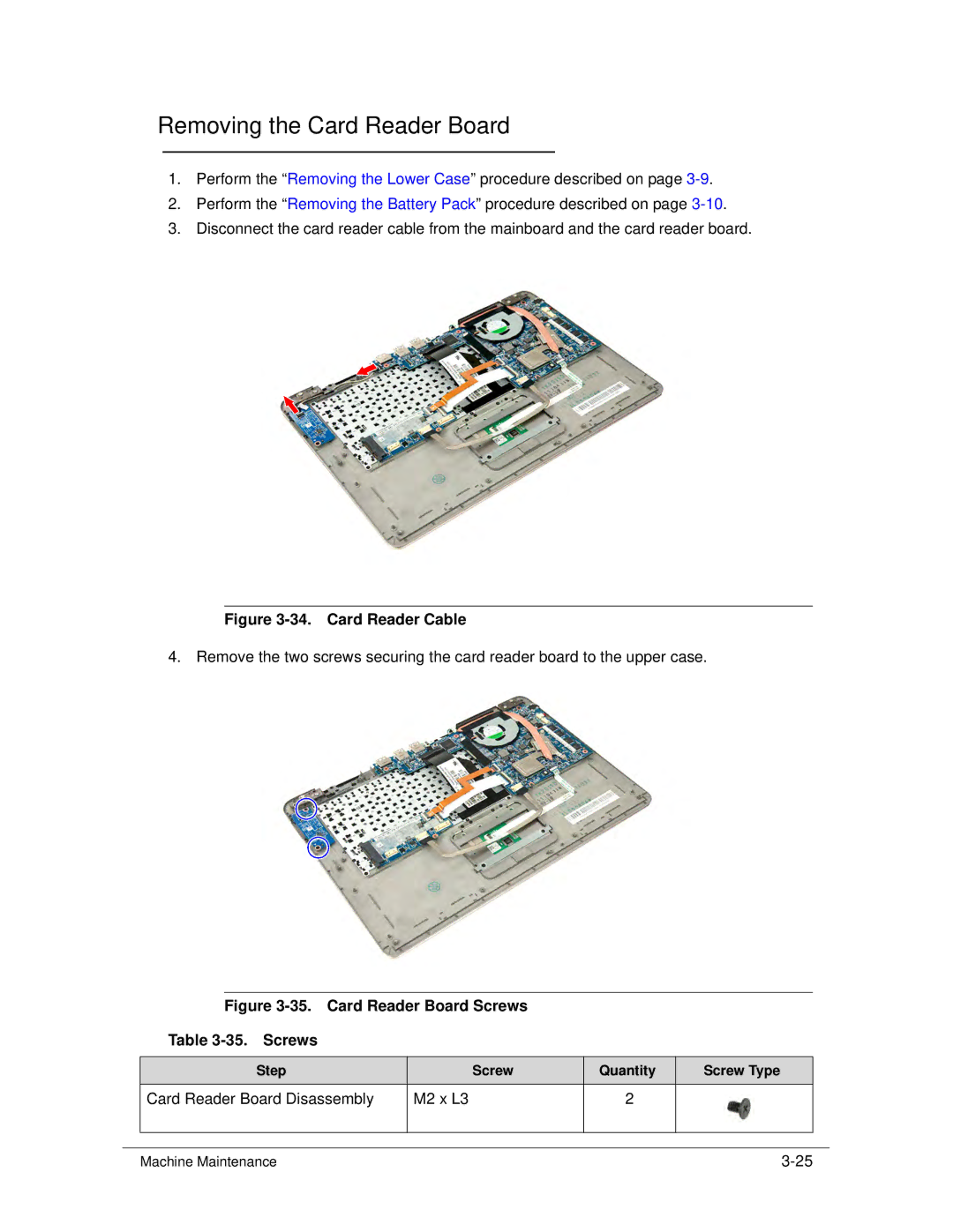 Acer S3 MS2346 manual Removing the Card Reader Board, Card Reader Board Disassembly M2 x L3 