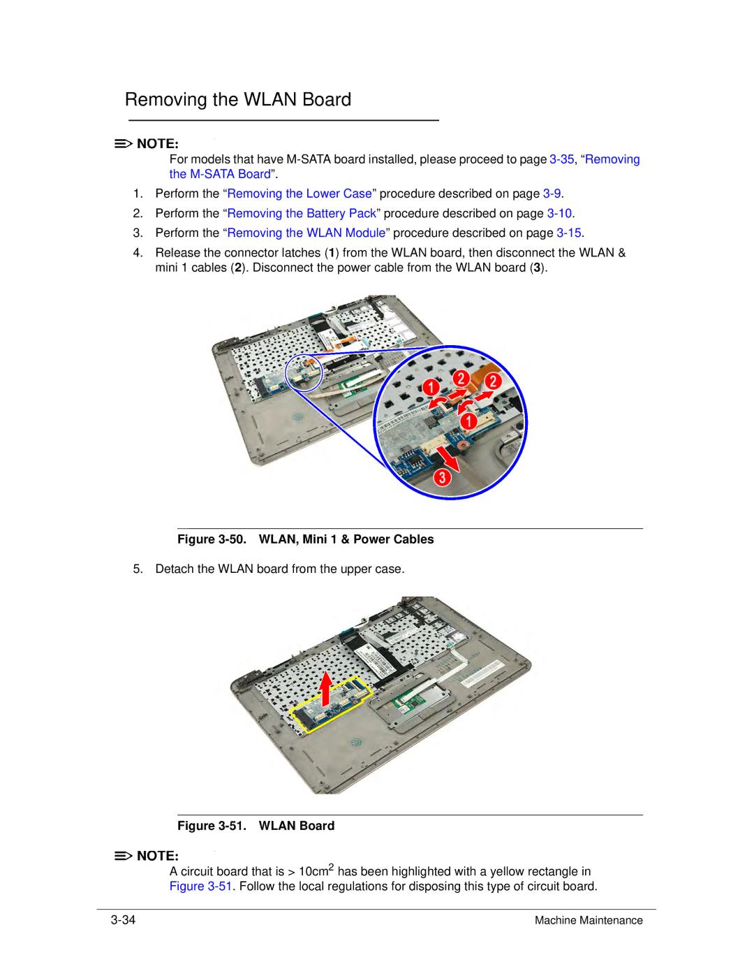 Acer S3 MS2346 manual Removing the Wlan Board, WLAN, Mini 1 & Power Cables 