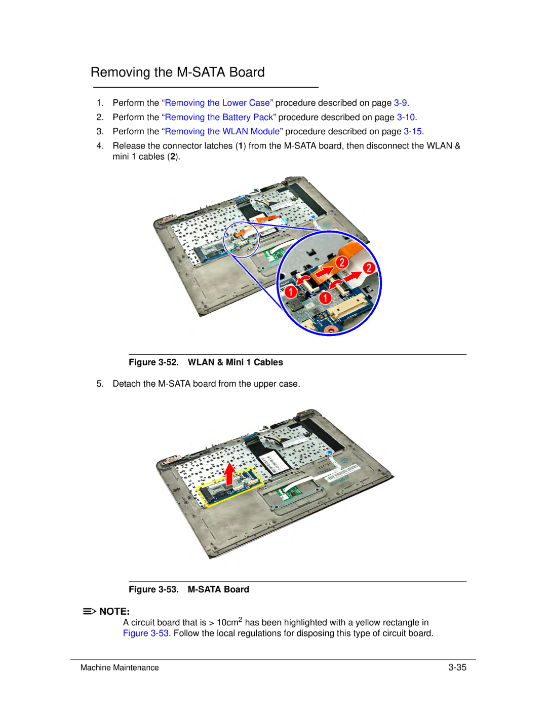 Acer S3 MS2346 manual Removing the M-SATA Board, Wlan & Mini 1 Cables 