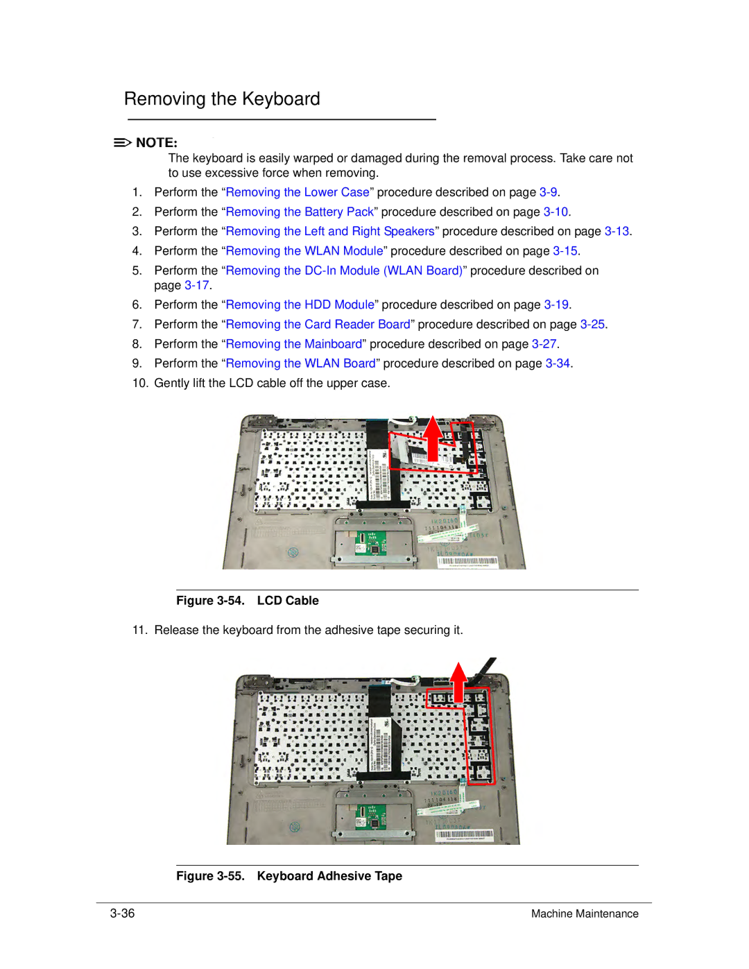 Acer S3 MS2346 manual Removing the Keyboard, LCD Cable 