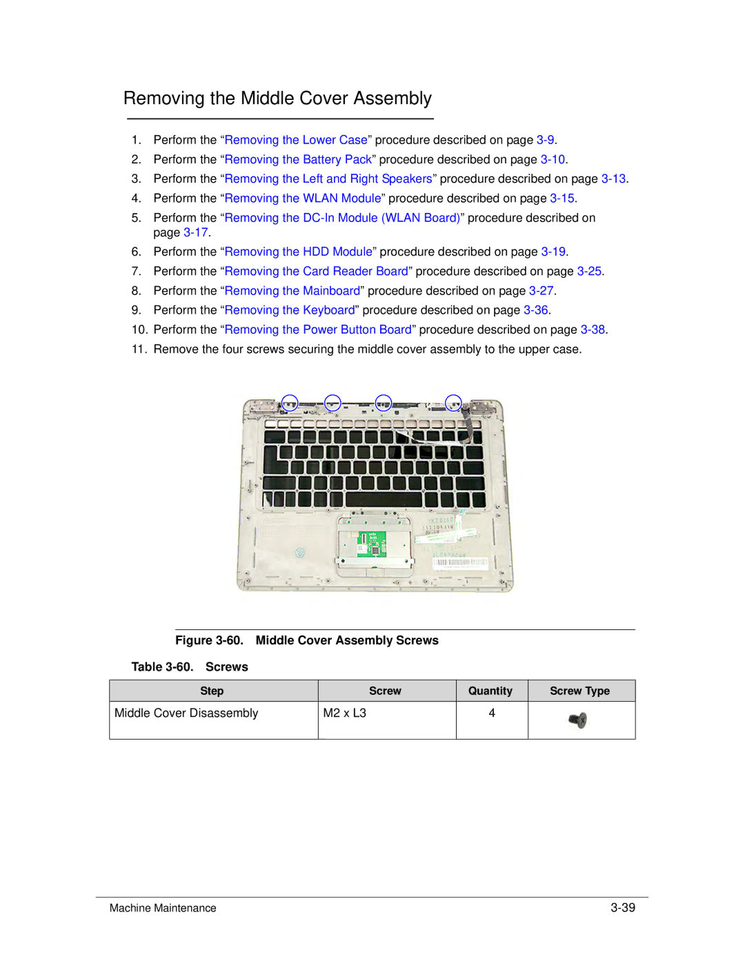 Acer S3 MS2346 manual Removing the Middle Cover Assembly, Middle Cover Disassembly M2 x L3 