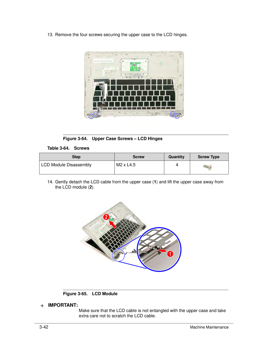 Acer S3 MS2346 manual Upper Case Screws LCD Hinges 64. Screws, LCD Module Disassembly M2 x L4.5 