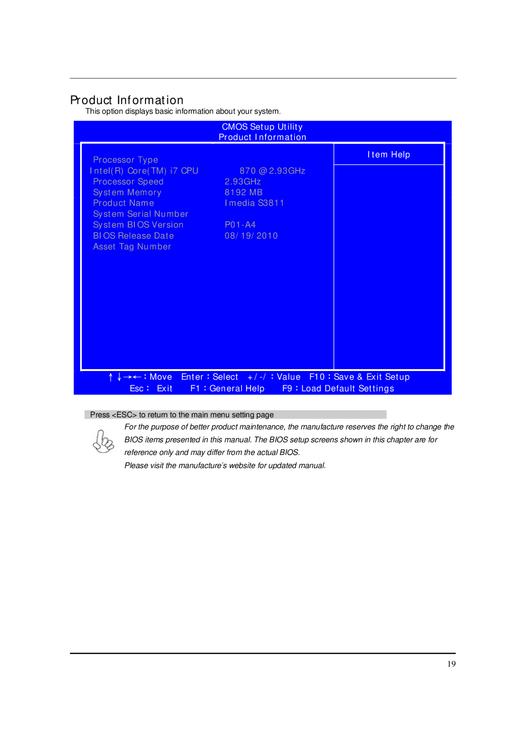 Acer S3811 manual Product Information, Item Help 