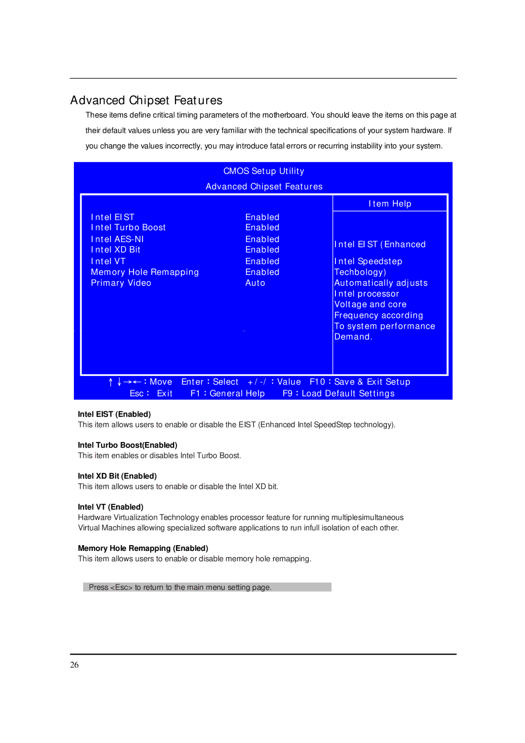 Acer S3811 manual Advanced Chipset Features 