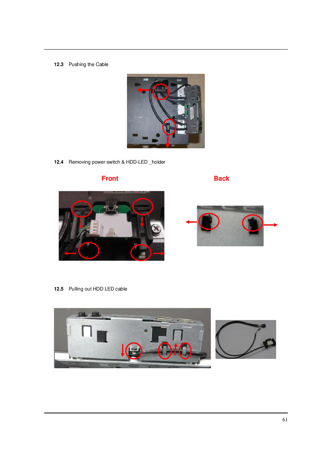 Acer S3811 manual Pushing the Cable Removing power switch & HDD-LED holder 