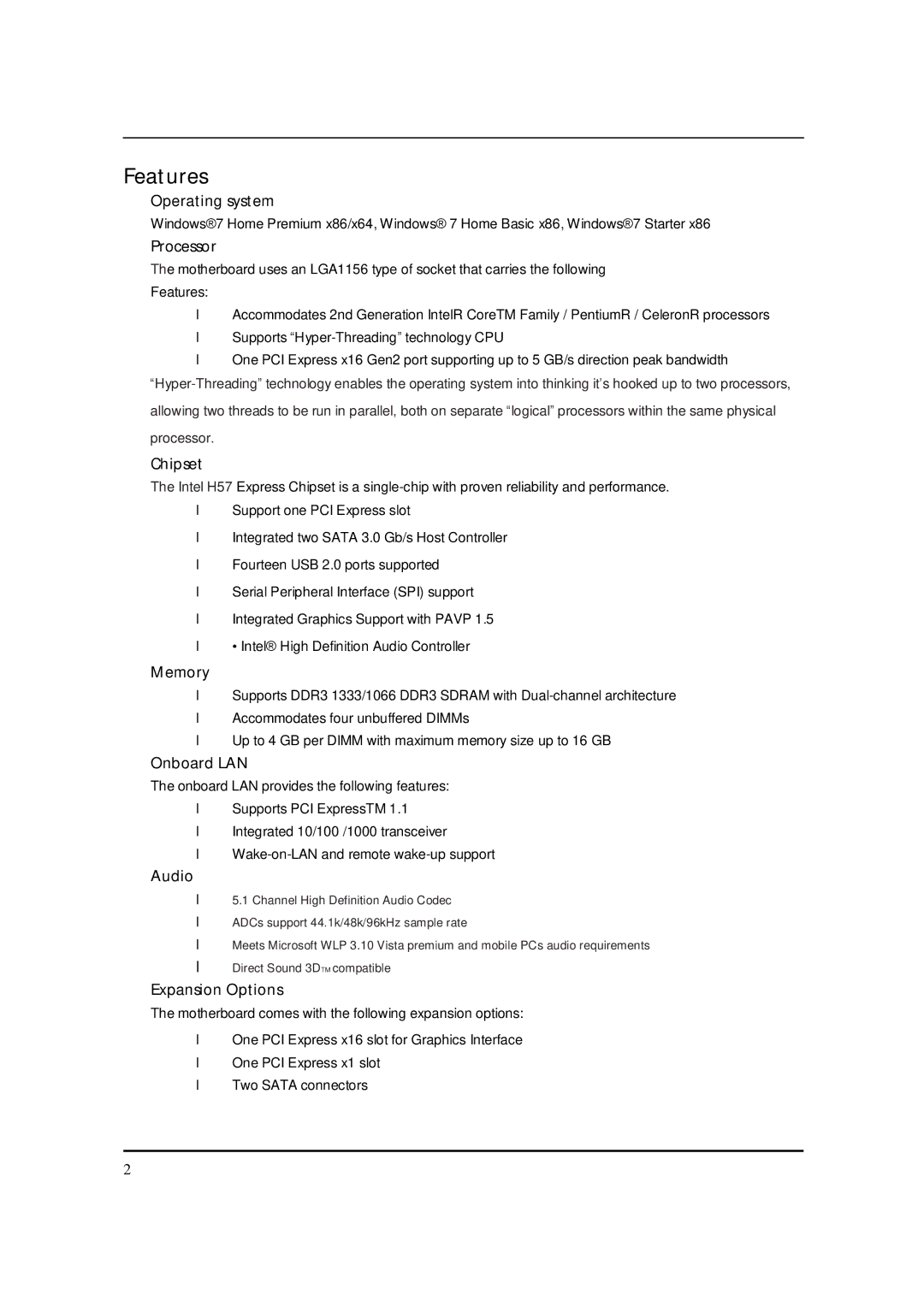 Acer S3811 manual Features 