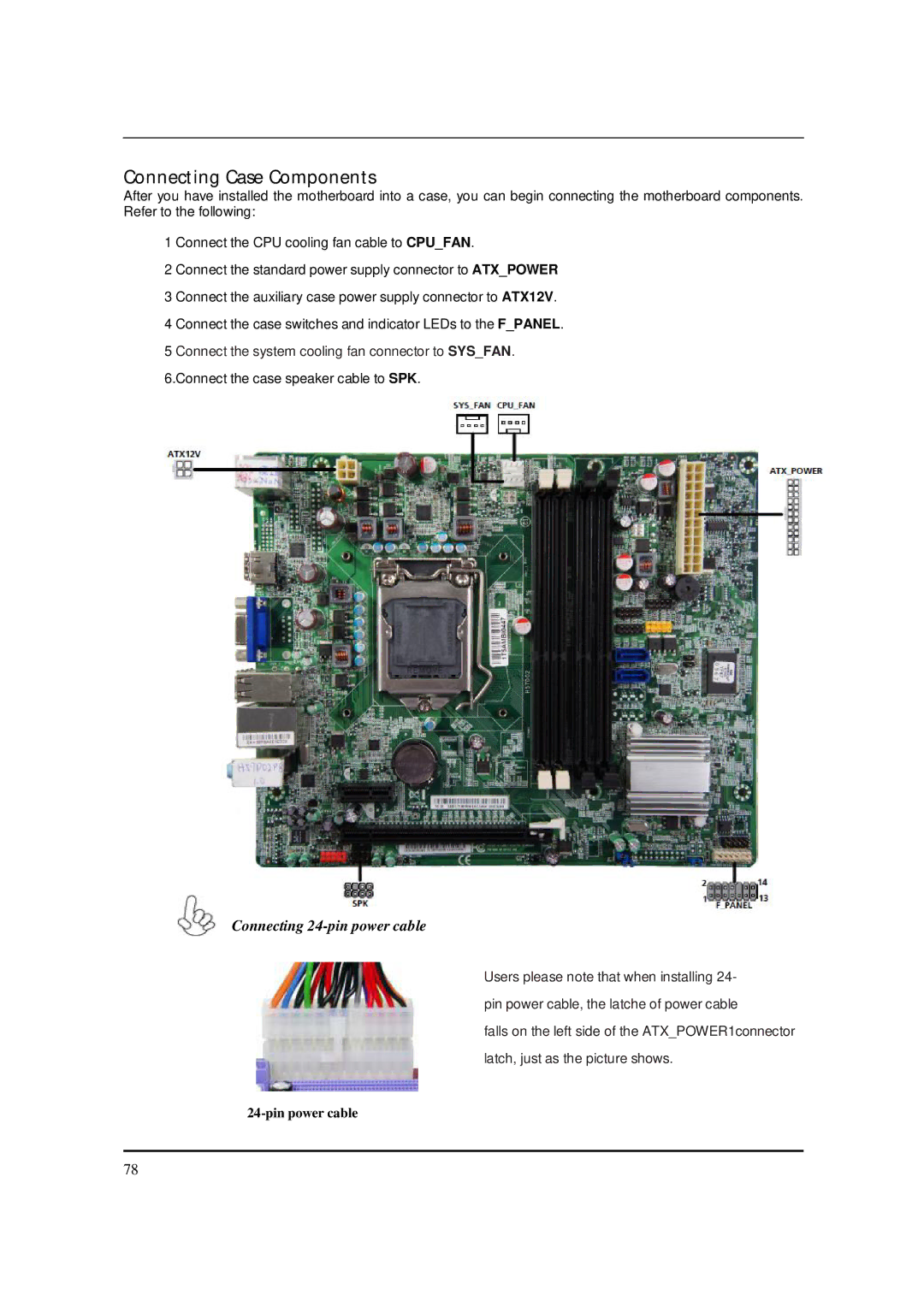 Acer S3811 manual Connecting Case Components, Connecting 24-pin power cable 