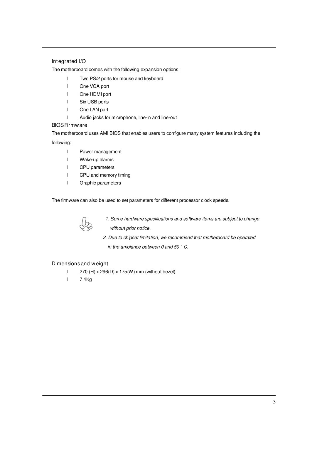 Acer S3811 manual Integrated I/O, Bios Firmware, Dimensions and weight 