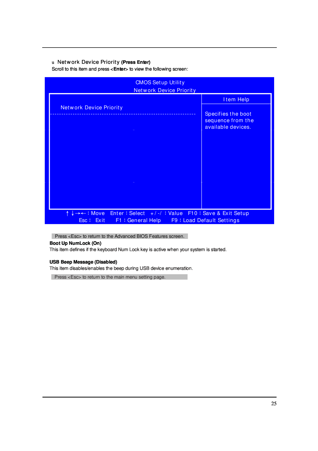 Acer S3811 manual u Network Device Priority Press Enter, ↑↓→← ： Move, Boot Up NumLock On, USB Beep Message Disabled 