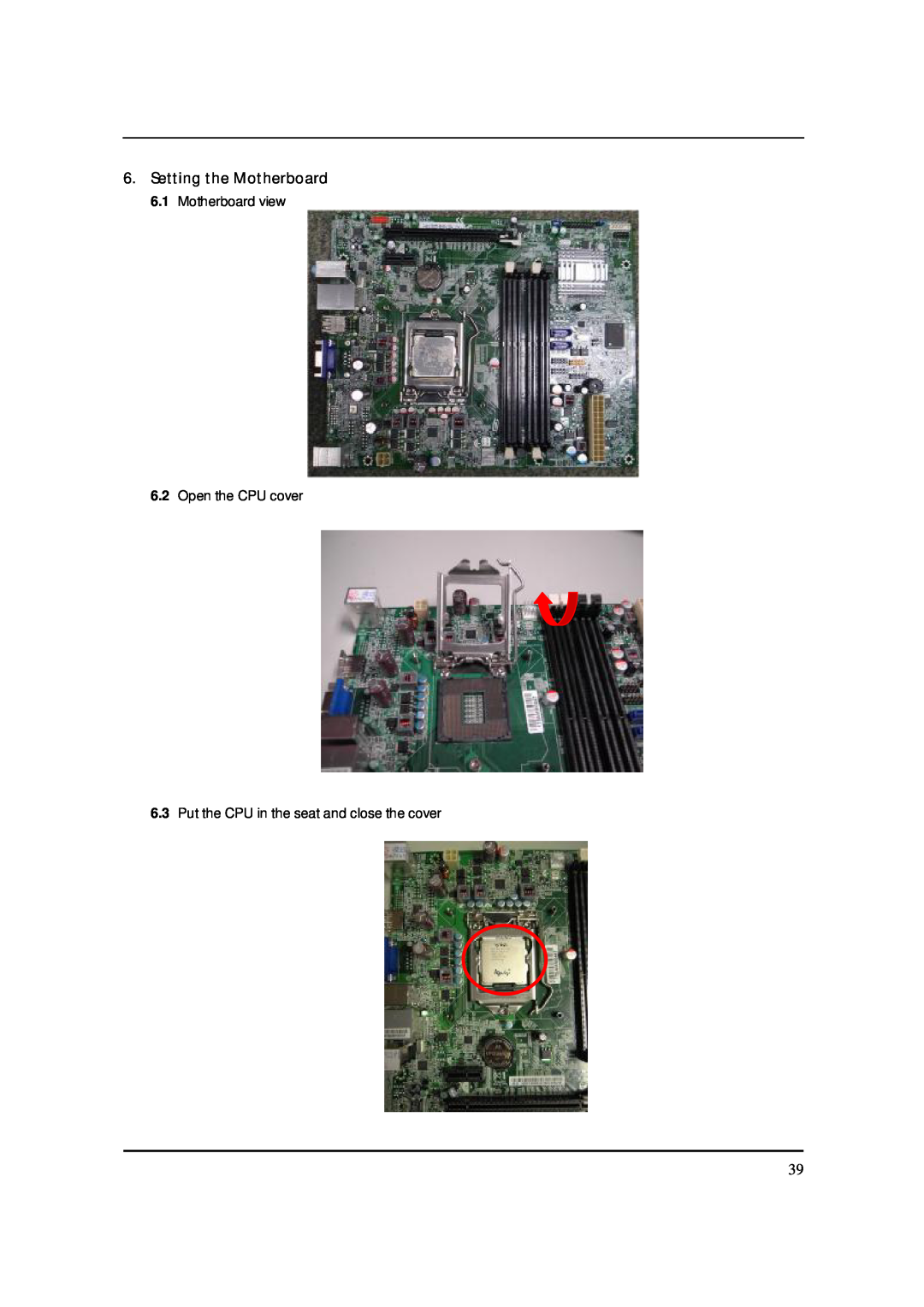 Acer S3811 Setting the Motherboard, Motherboard view 6.2 Open the CPU cover, Put the CPU in the seat and close the cover 