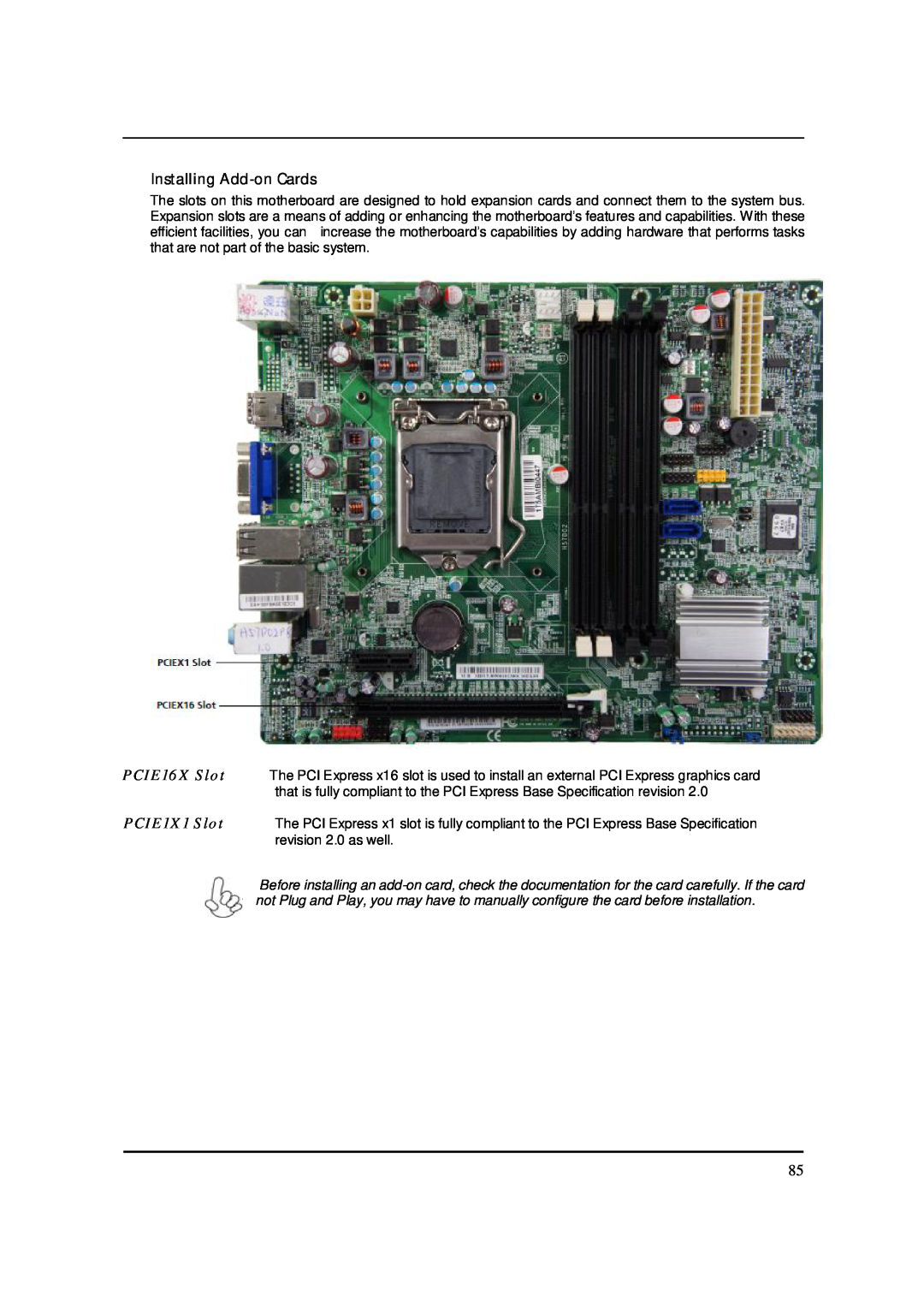 Acer S3811 manual Installing Add-on Cards, PCIE1X1 Slot 