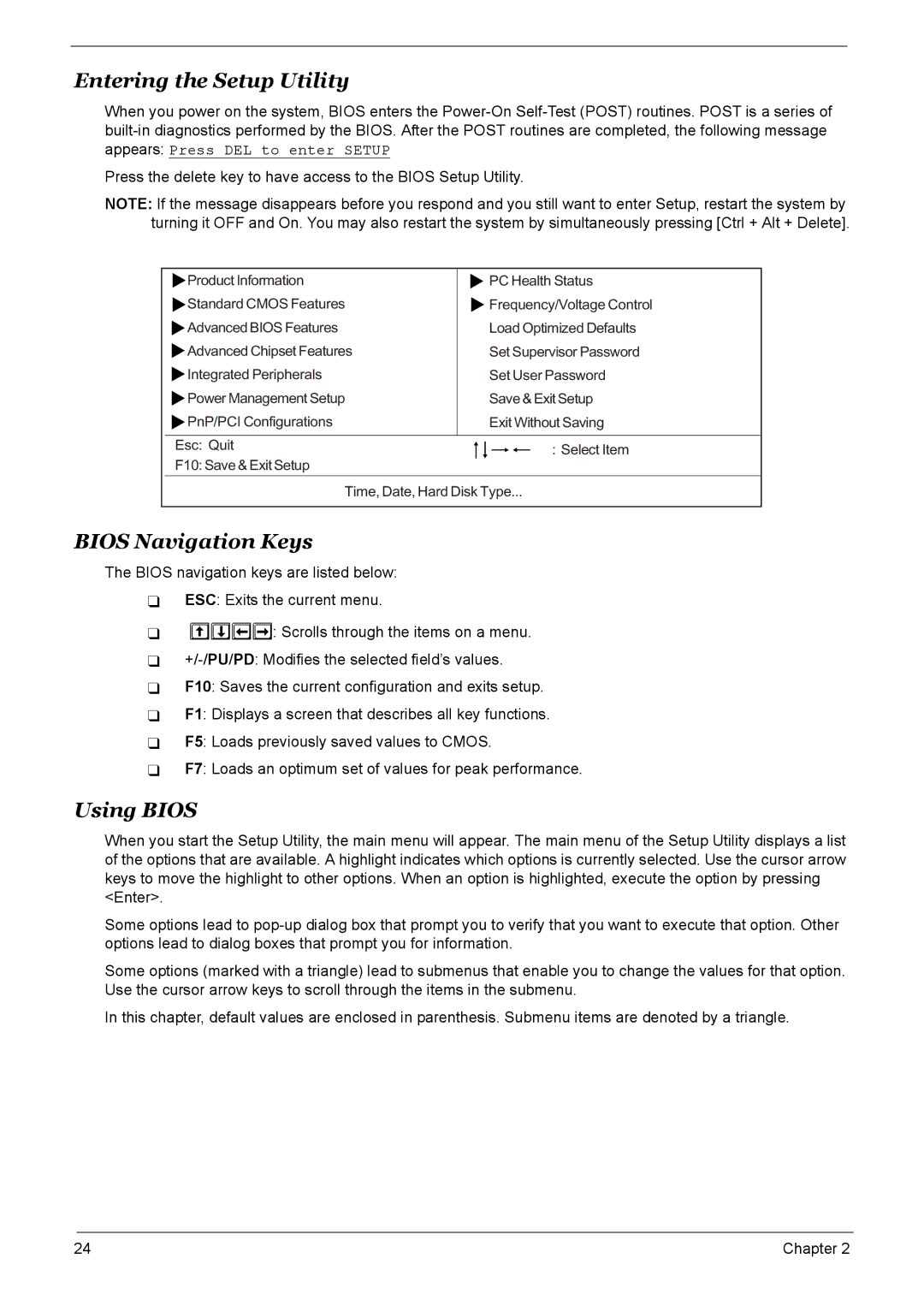 Acer S461, M461, M3600, M5600 manual Entering the Setup Utility, Bios Navigation Keys, Using Bios 