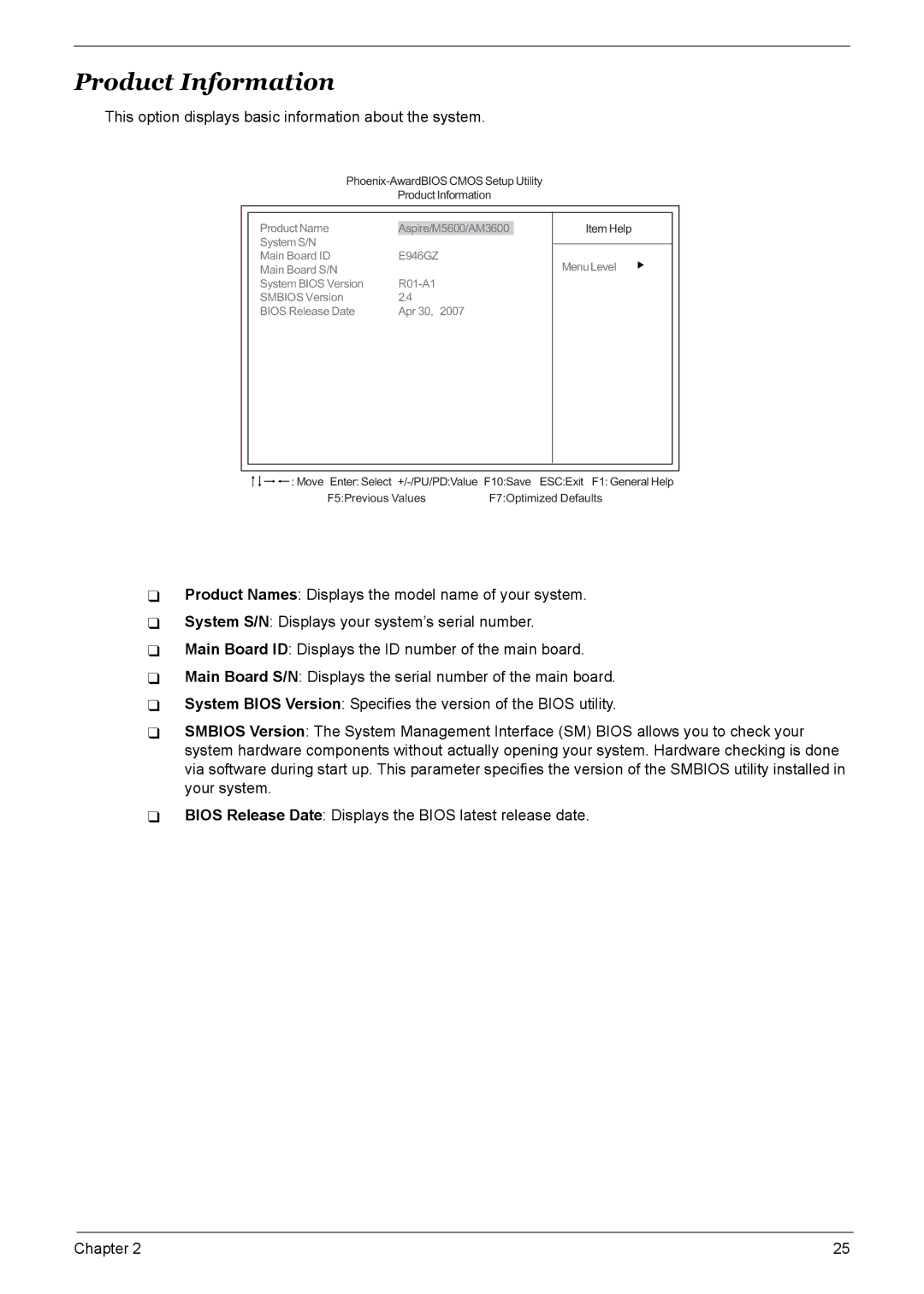 Acer M461, S461, M3600, M5600 manual Product Information, This option displays basic information about the system 