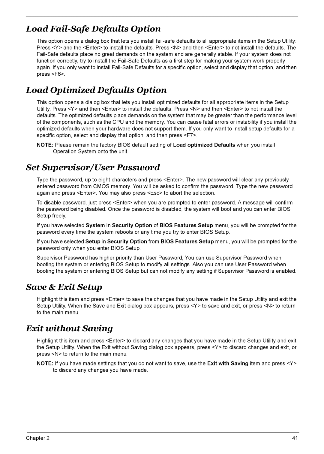 Acer M461 Load Fail-Safe Defaults Option, Load Optimized Defaults Option, Set Supervisor/User Password, Save & Exit Setup 