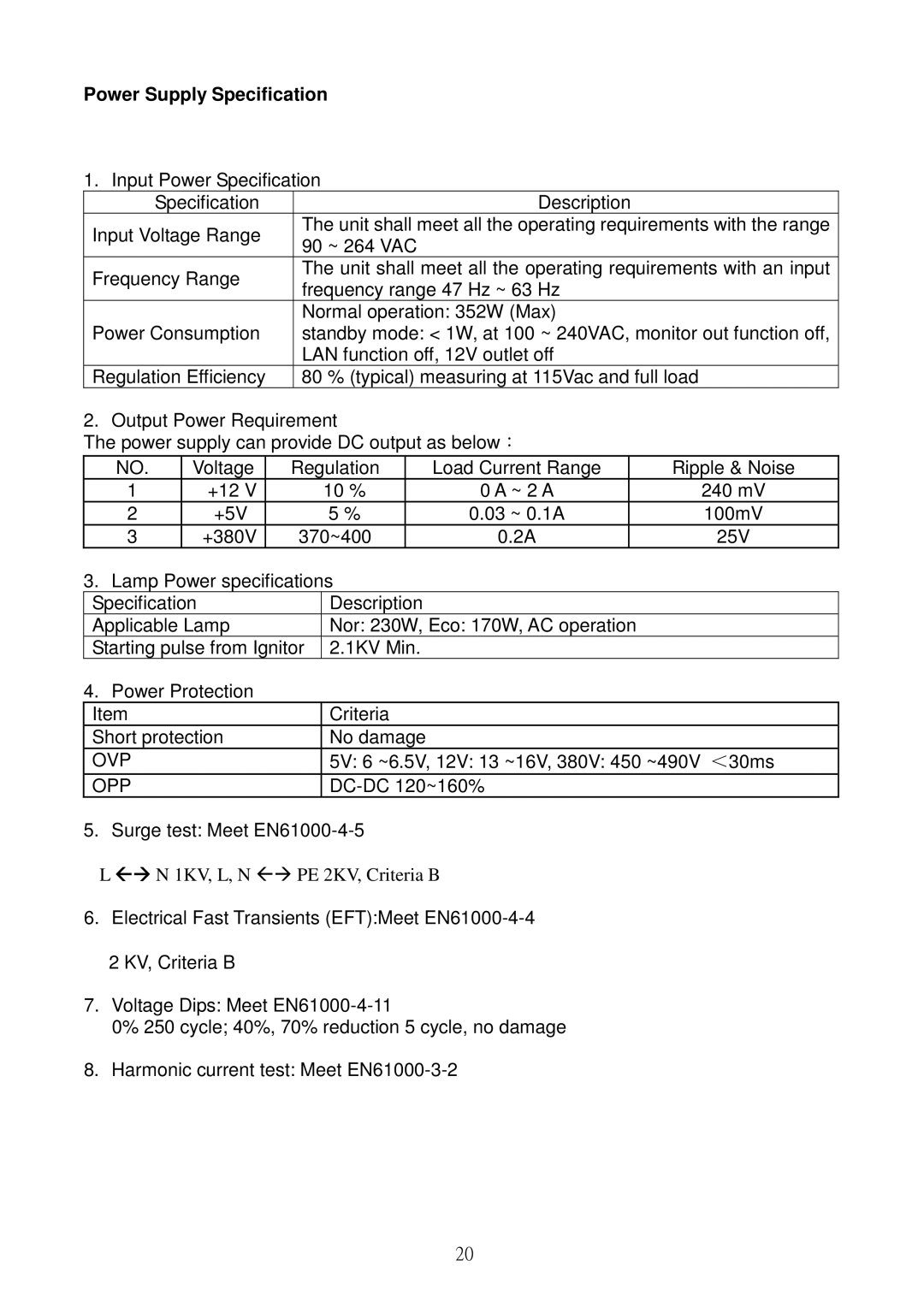 Acer S5301WB, S5201B service manual Power Supply Specification, Ovp, Opp 