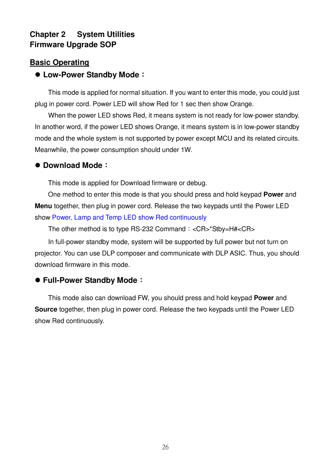 Acer S5301WB, S5201B service manual Download Mode：, Full-Power Standby Mode： 