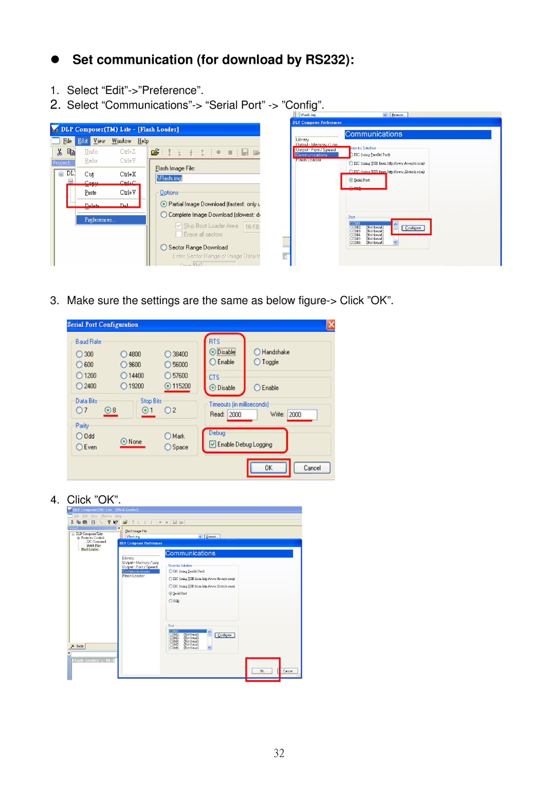 Acer S5301WB, S5201B service manual Set communication for download by RS232 