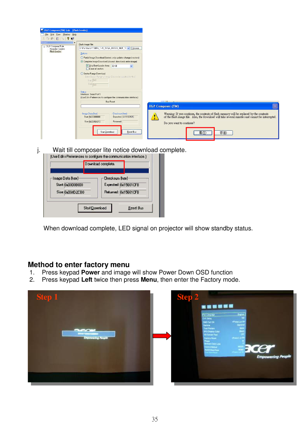 Acer S5301WB, S5201B service manual Step, Method to enter factory menu 