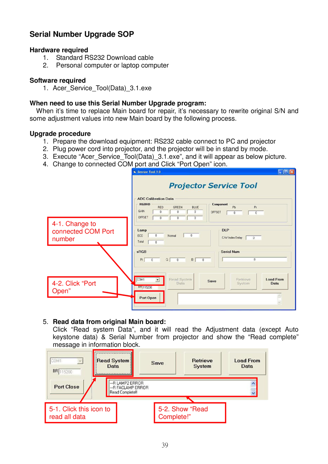 Acer S5301WB, S5201B Serial Number Upgrade SOP, When need to use this Serial Number Upgrade program, Upgrade procedure 