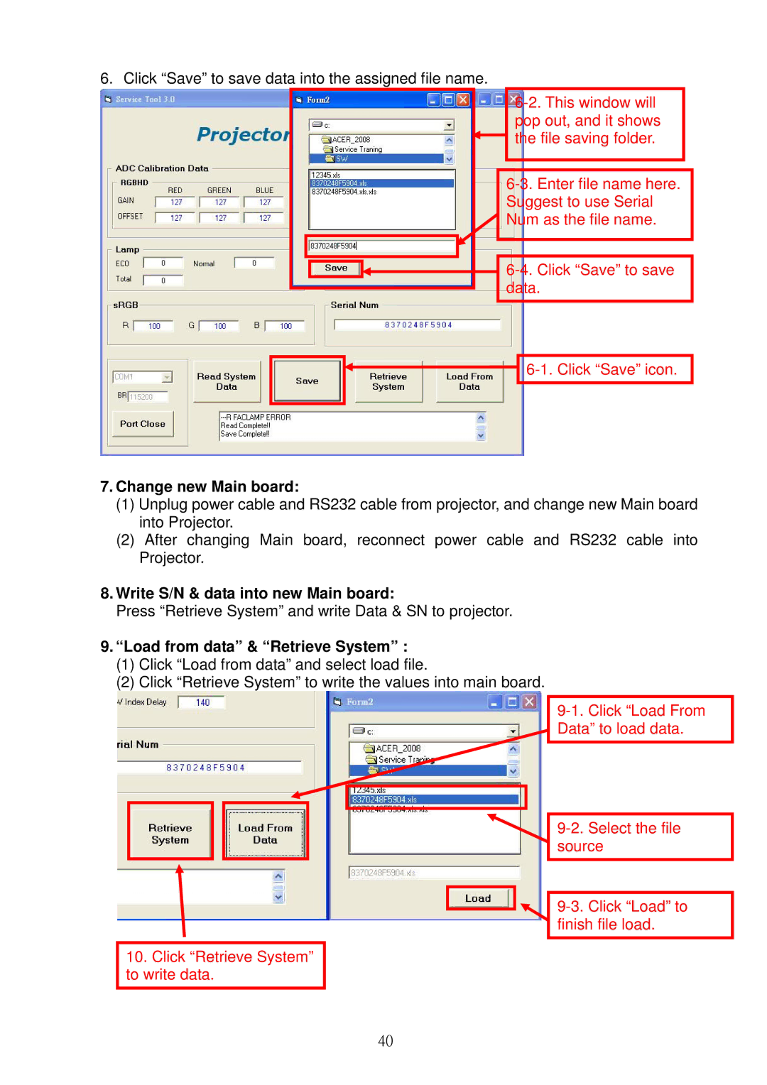 Acer S5201B, S5301WB Change new Main board, Write S/N & data into new Main board, Load from data & Retrieve System 