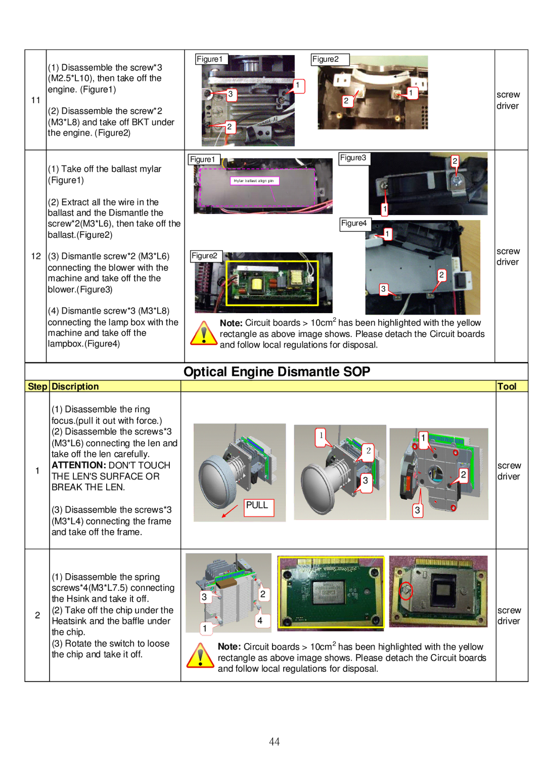 Acer S5301WB, S5201B service manual Optical Engine Dismantle SOP 