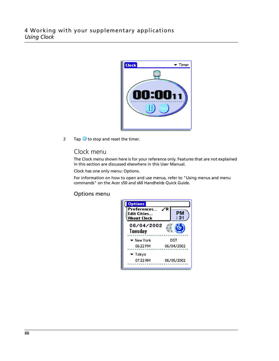 Acer s60, s50 user manual Clock menu, Options menu 