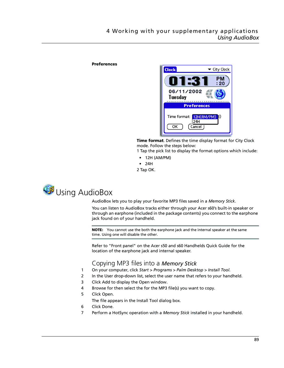 Acer s50, s60 user manual Using AudioBox, Copying MP3 files into a Memory Stick 