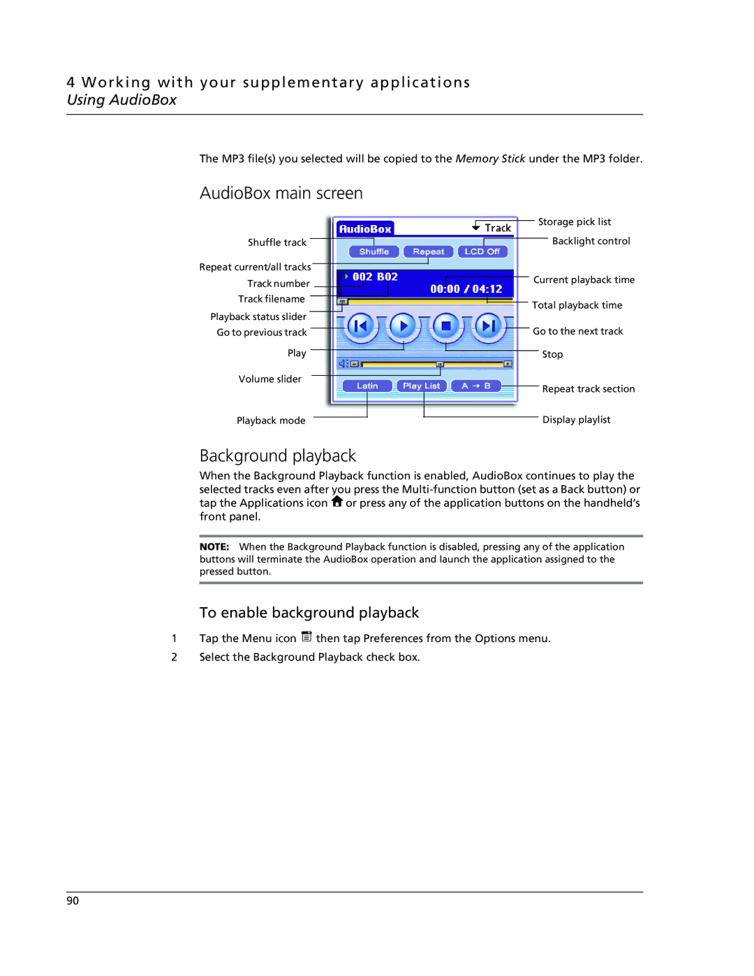 Acer s60, s50 user manual AudioBox main screen, Background playback, To enable background playback 