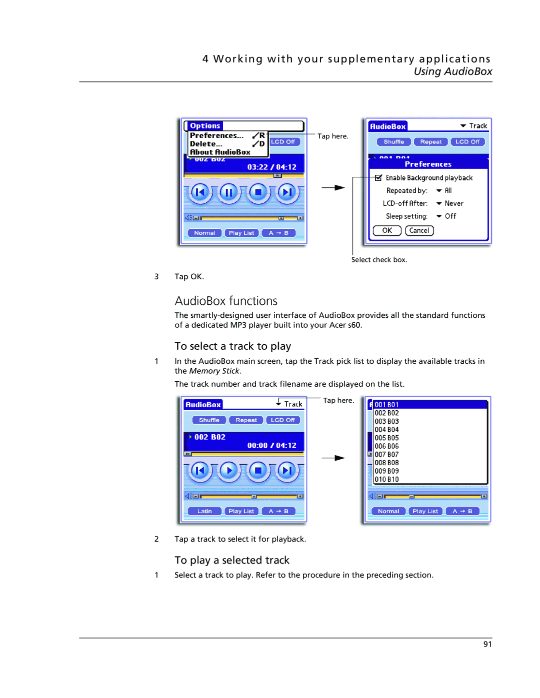 Acer s50, s60 user manual AudioBox functions, To select a track to play, To play a selected track 