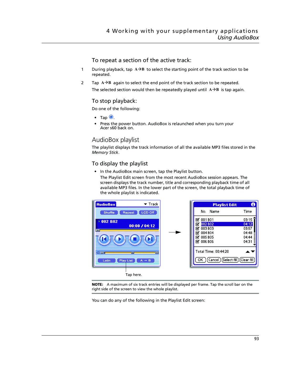 Acer s50, s60 user manual AudioBox playlist, To stop playback, To display the playlist 